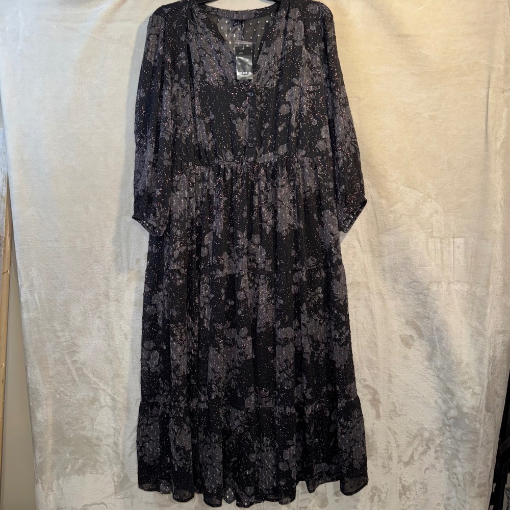 Torrid Black Floral Chiffon Clip Dot Maxi Dress 2X 18-20 boho goth romantic